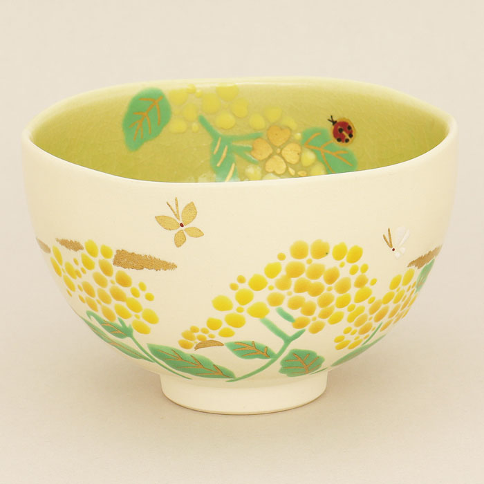 【茶道具】茶碗 掛分色絵 菜の花 新井京華 作 桐箱入り