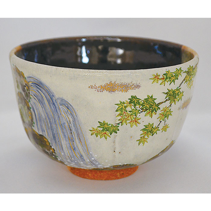 【茶道具】灰釉掛分茶・陵 ハマグリに滝 中村良二 作