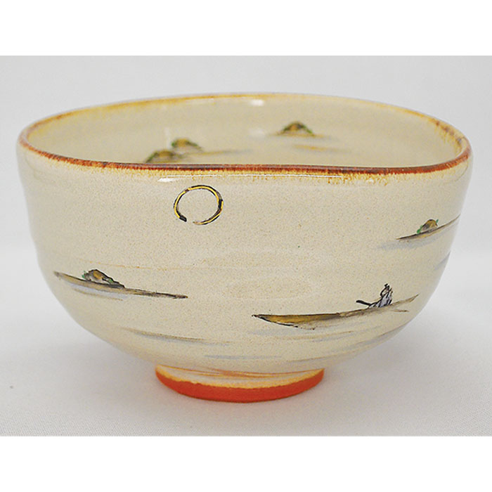 【茶道具】灰釉茶碗 舟に月 中村良二 作
