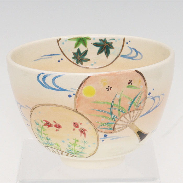 【茶道具】茶碗 彩画 扇子 加藤起楽 作 かざり付ける九鼎大呂