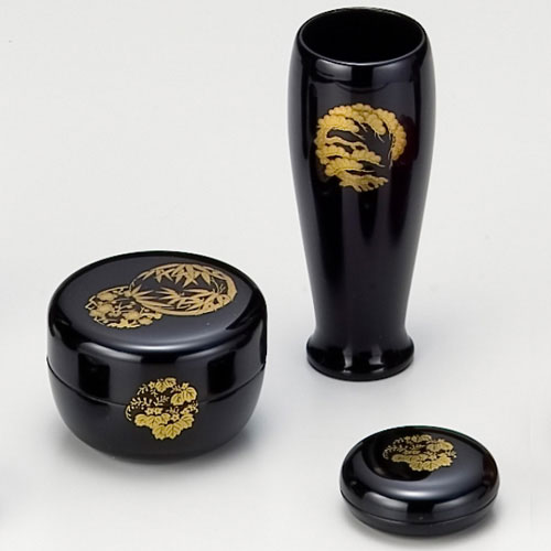 茶道具 茶箱 茶箱道具三点セット(棗・香合・茶筅筒) 花丸 黒（木製）