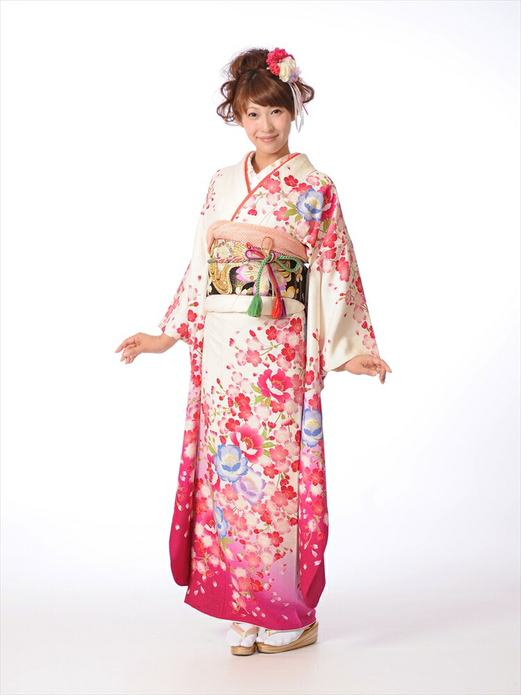 振袖 レンタル 振袖レンタルフルセット(2月～12月上旬)8AC96 着物 結婚式 結納 卒業式 貸衣装 白地 ピンクぼかし桜 153cm～165cm位まで 足袋プレゼント 振り袖 レンタル