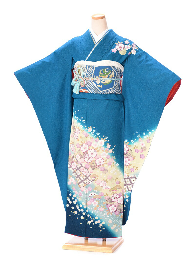 振袖 レンタル 着物 貸衣装 グリーン地 桜 2月〜12月上旬 153cm〜164cm位まで 足袋プレゼント 往復送料無料 8AC141