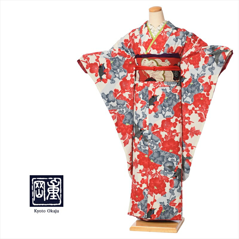 【レンタル】振袖レンタル フルセット  岡重 (2月～12月上旬)8ACB9/結納/卒業式/結婚式/アンティーク/墨絵風花鳥/150ｃｍ～168ｃｍ位まで/足袋プレゼント/往復送料無料