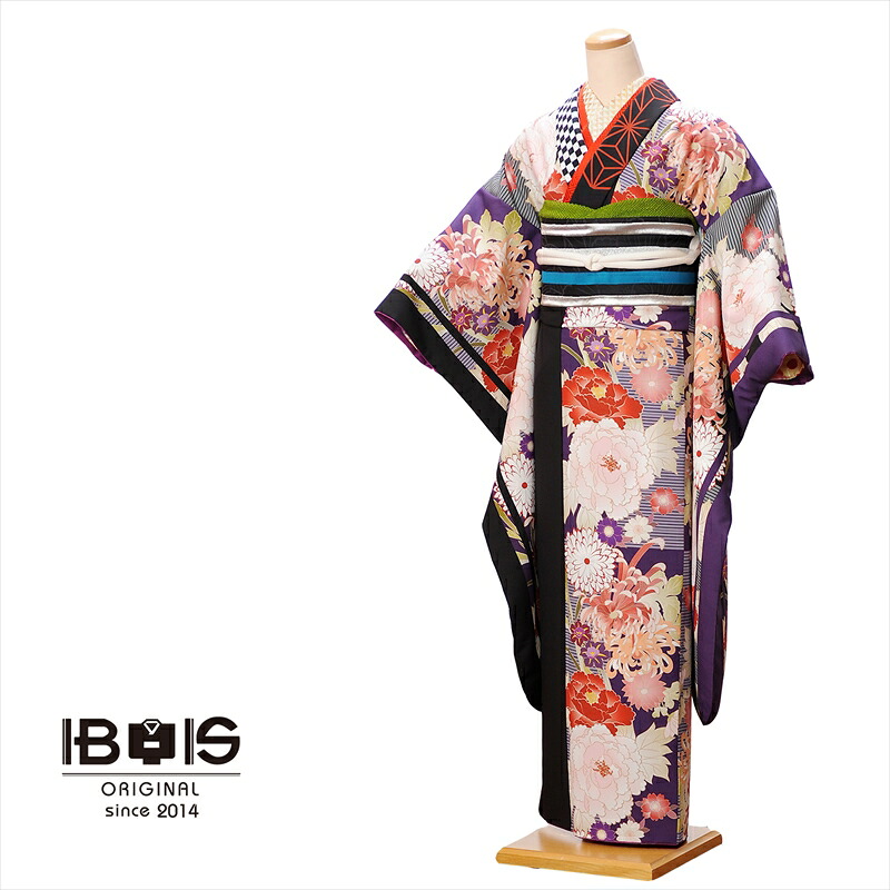 【レンタル】アイビス限定商品 振袖レンタルフルセット8SACB-43 着物 レンタル 成人式 レンタル 成人式 1月 振袖レンタル 着物レンタル アンティーク 小紋調 牡丹・菊 150ｃｍ～168ｃｍ位まで 足袋プレゼント 往復送料無料
