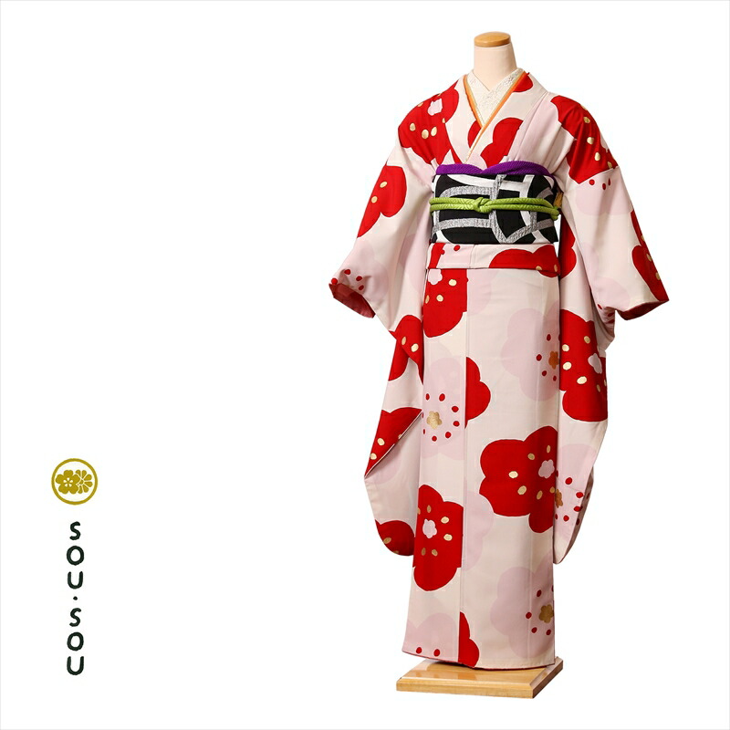 【レンタル】SOU・SOU 振袖レンタル(2月~12月上旬)8ACB66 振袖 レンタル 謝恩会 卒業式 結婚式 振袖レンタル レトロ振袖 ふりそで ピンク 梅 レトロモダン 150cm~168cm位まで 足袋プレゼント 往復送料無料|宅配レンタル衣裳アイビス
