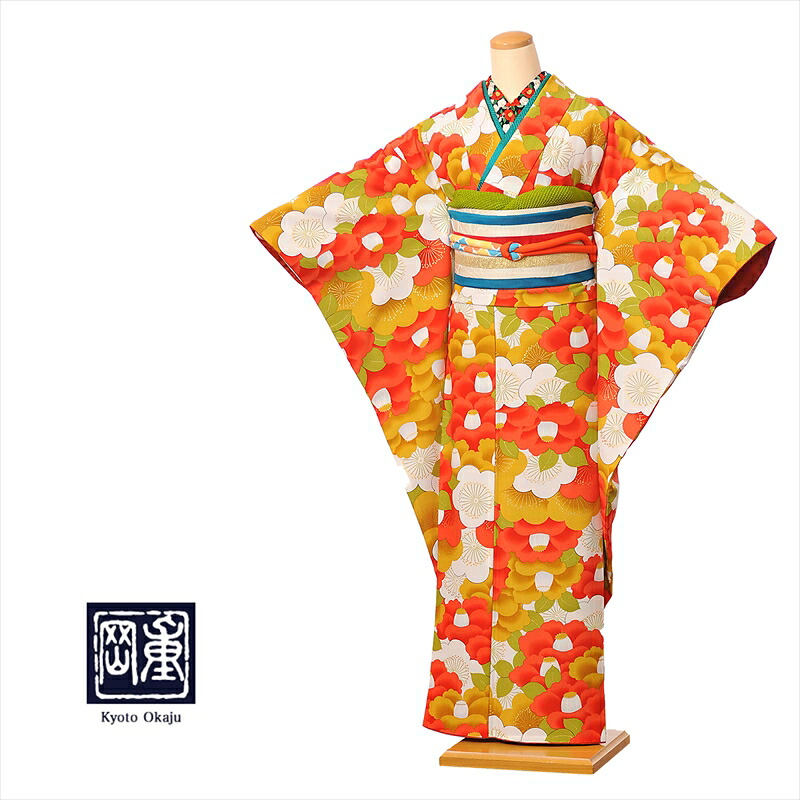 【レンタル】振袖レンタル フルセット 岡重 8ACB89レトロ/アンティーク 2月~12月上旬 結納 卒業式 結婚式 振袖レンタル 小紋調 梅・椿 オレンジ 150cm~168cm位まで 足袋プレゼント 往復送料無料|宅配レンタル衣裳アイビス