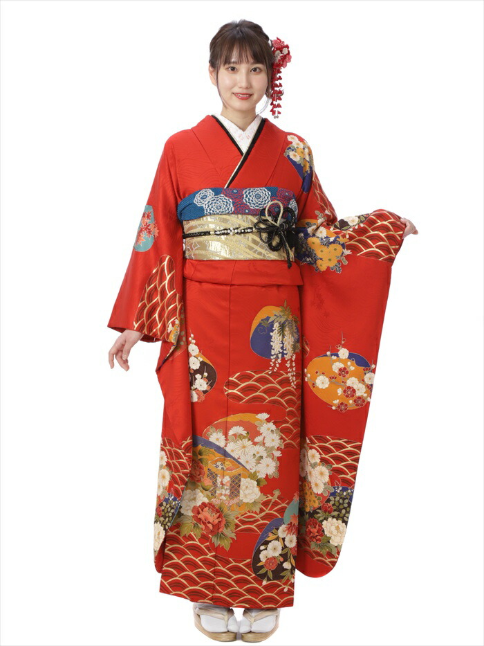 花井幸子 振袖 レンタル 成人式 振袖レンタルフルセット8SAC-544 アンティーク 振袖レンタル ふりそで 成人式 1月 フリソデ レトロ 赤地 貝合紋 153cm～170cm位まで 足袋プレゼント 振り袖 レンタル