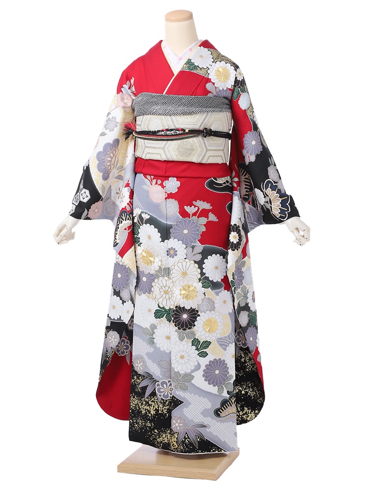 振袖 レンタル フルセット 8SAC-661 成人式 振袖レンタル 1月 赤地 慶長 菊 金駒刺繍 153cm～170cm位まで 足袋プレゼント 振り袖 レンタル 二十歳のつどい