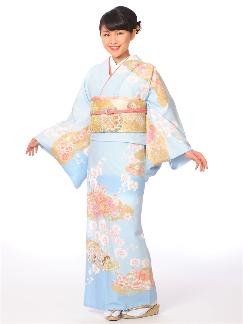 【レンタル】 訪問着 レンタル 着物レンタル レンタル着物 レンタルフルセット8AD242 レンタル訪問着 若向き 合繊プレタ 水色 琳派 瑞雲春秋花 149cm～167cm位まで 足袋プレゼント