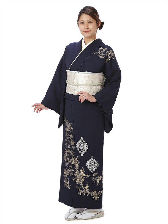 【レンタル】 訪問着 レンタル 訪問着レンタル フルセット レンタル訪問着 レンタル着物 着物レンタル 正絹 紺 金彩 149cm～170cm位まで 足袋プレゼント 8AD352