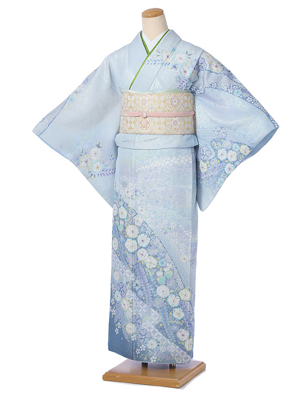 かわいい新作 着物セット 着物レンタル レンタル訪問着 フルセット レンタル 訪問着 桂由美 レンタル着物 8ad381 肌着プレゼント 足袋 150cm 170cm位まで Katsura Yumi 由美 桂 ブルー 辻が花 正絹 Dgb Gov Bf