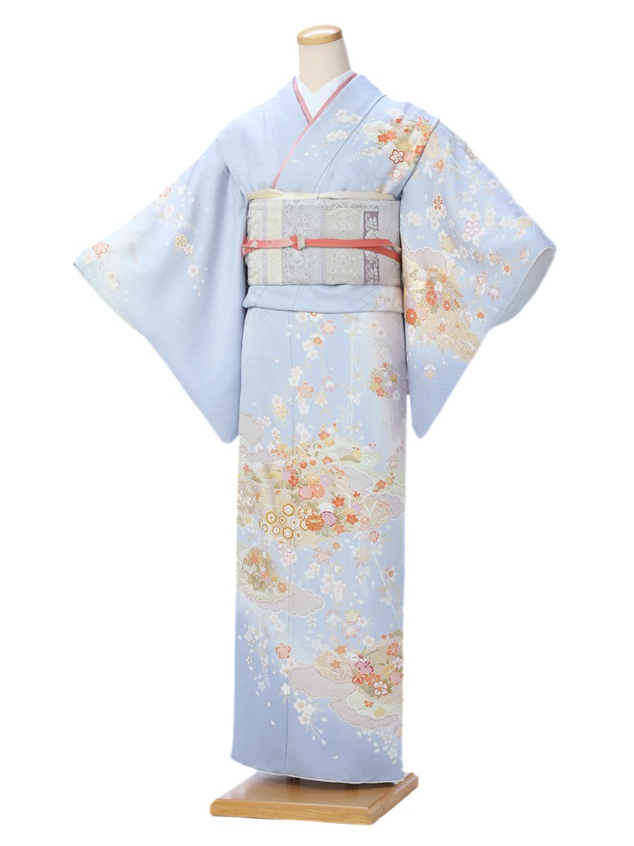 【レンタル】 訪問着 レンタル フルセット レンタル訪問着 着物レンタル 着物セット レンタル着物 ママ着物 きものレンタル 和服 正絹 水色 雲取り 金駒刺繍 150cm～170cm位まで 足袋プレゼント 8AD460