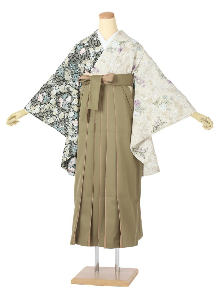 【レンタル】レンタル 袴 セット(AG215)大人 女 レディース 袴セット 卒業式 袴 レンタル 着物レンタル ハカマ はかま rental 小紋柄 オフホワイト黒 オリーブ袴 片身替り 2尺袖 着物 フルセット レンタル着物 対応身長153~158cm 足袋プレゼント 往復送料無料