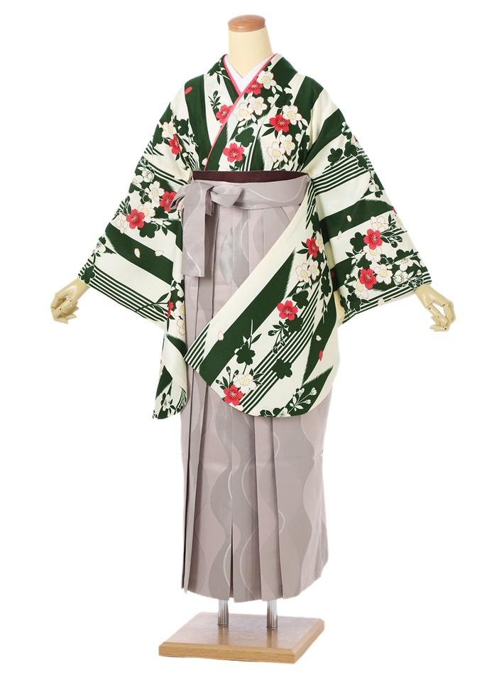 【レンタル】レンタル 袴 セット(AG240)大人 女 レディース 袴セット 卒業式 着物レンタル ハカマ はかま rental 白緑矢羽縞 グレー袴 二尺袖 着物 袴 フルセット レンタル 対応身長153~158cm 足袋プレゼント 往復送料無料