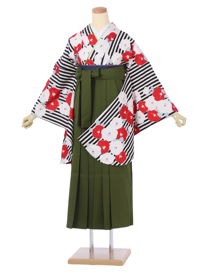 【レンタル】 卒業式 袴 レンタル セット(AG239)大人 女 レディース 袴セット 着物レンタル ハカマ はかま rental 縞に牡丹 抹茶袴 二尺袖 着物 フルセット レンタル 対応身長148~153cm 足袋プレゼント 往復送料無料
