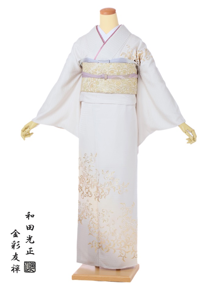 金彩友禅柄　淡い柳色　正絹訪問着　165cm　l695 金彩友禅柄 淡い柳色 正絹訪問着 165cm l695