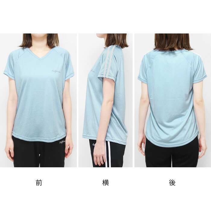 スポーツウェアレディーストップスTシャツ半袖吸汗速乾UVケアジムウェアフィットネスフィットネスウェアランニングウェアウォーキングジョギング2本ラインVネック杢カラー反射プリント大きいサイズMLLL*3
