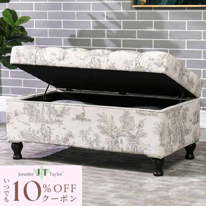 [10％OFFクーポン配布中!] 収納付きベンチ Toile de Jouy(トワル ド ジュイ) Jennifer Taylor ジェニファーテイラー ロココ調 アンティーク調 ヨーロピアン インテリア ファブリック 布張り エレガント おしゃれ 輸入家具 椅子 収納付｜アンティークロココ調輸入家具ベベ
