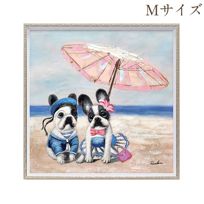 《9％OFFクーポン！5/3まで》 絵画 ハンドペイント アートパネル キャンバス 犬 オイル ペイント アート 幅63cm ビーチパラソルドッグ オシャレ クラシカル モダン