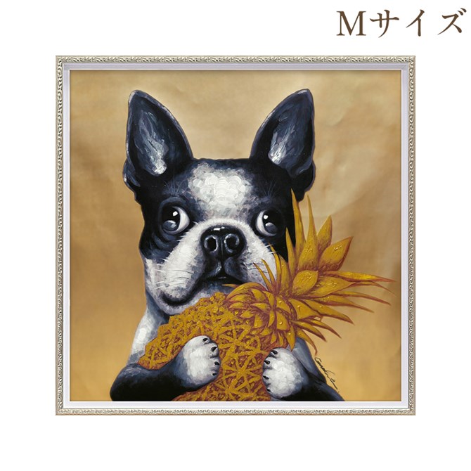 《9％OFFクーポン！5/3まで》 絵画 ハンドペイント アートパネル キャンバス 犬 オイル ペイント アート 幅63cm ゴールドパイン オシャレ クラシカル モダン