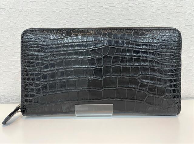 【アウトレット】 Crocodile クロコダイル　ラウンドファスナー　長財布　無双　一枚革　ブラック