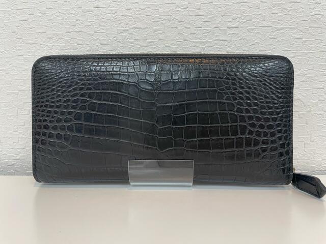 【逃げ路】 Crocodile クロコダイル ラウンドジッパー 長札入れ 無双 一枚革 黒いこと 財布・ケース-メンズ財布