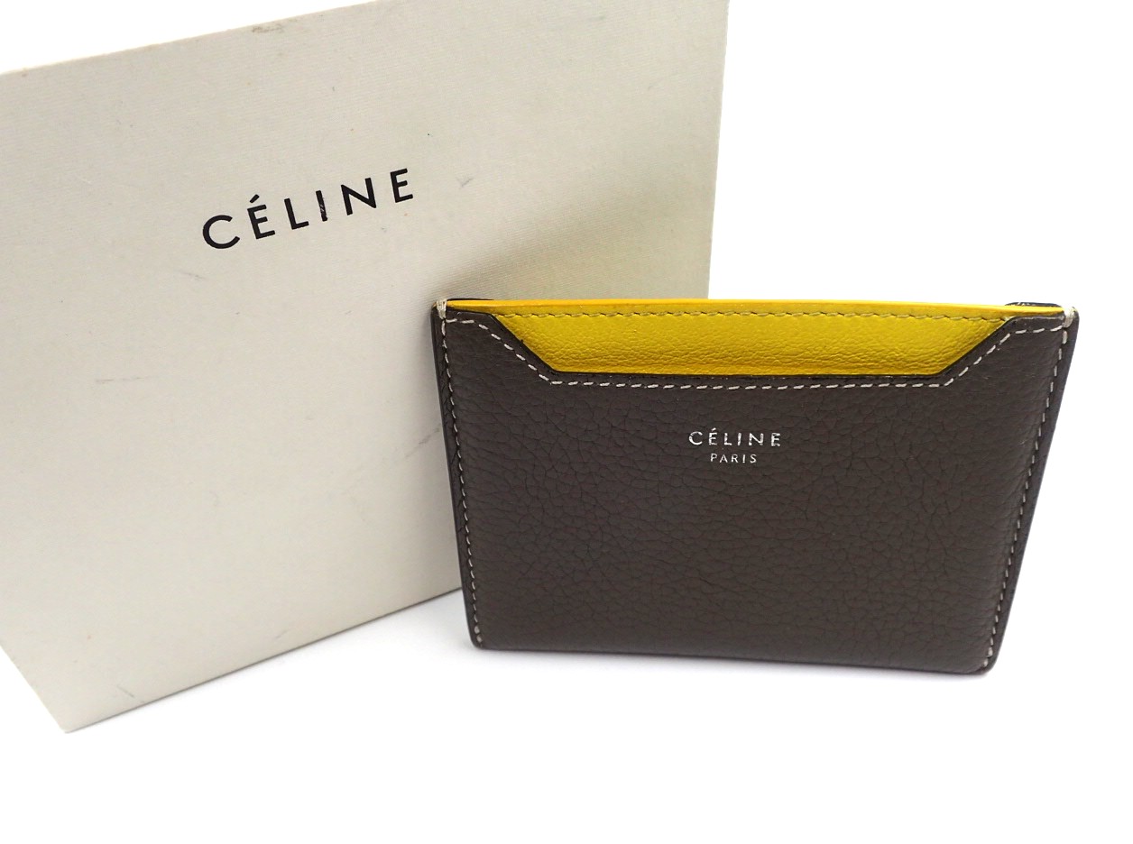 【中古】CELINE セリーヌ レザー カードケース グレージュ イエロー【送料無料】