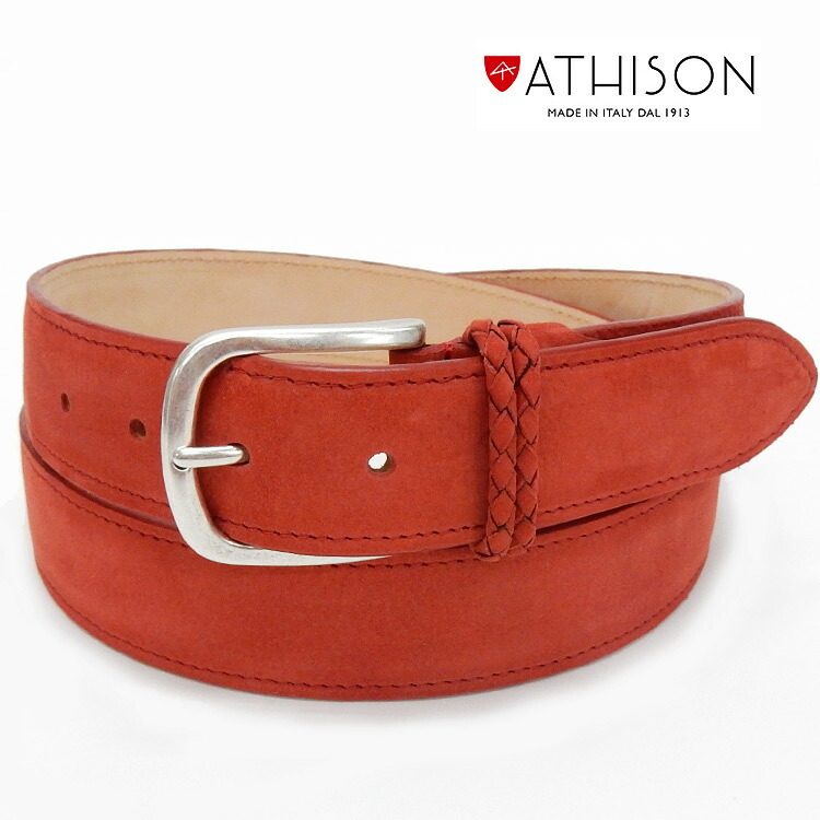 〓ATHISON〓イタリー製ベルト ヌバック/牛革 ◆赤◆ メンズベルト ゴルフベルト 110cm対応 ATS-08