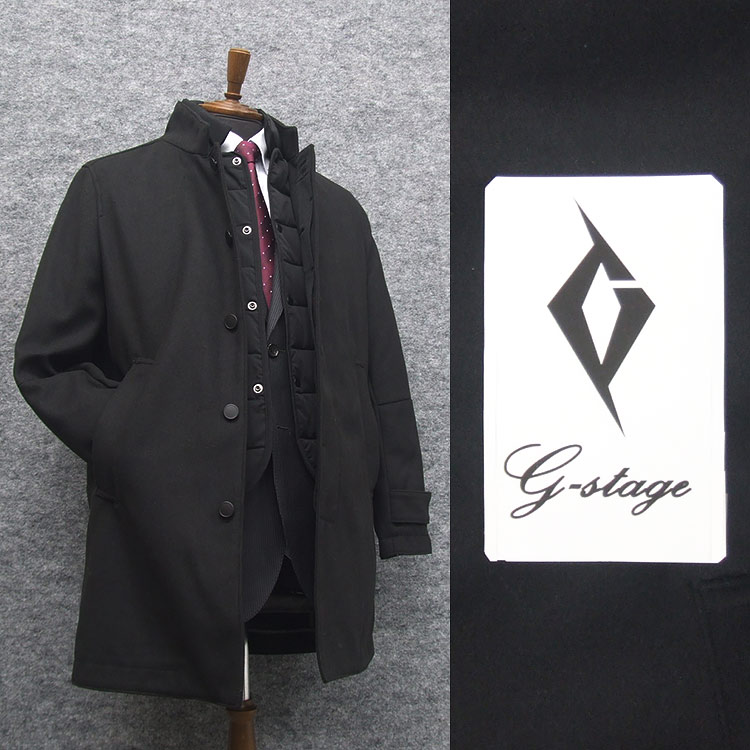秋冬物　g-stage メルトン素材　スタンドカラー レイヤードコート 中綿入　４ボタン　黒/無地　メンズ　gs810-BK