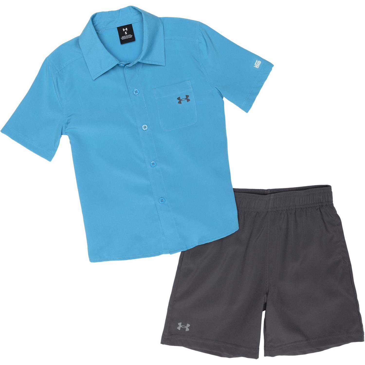 (取寄) アンダーアーマー リトル ボーイズ ウーブン シャツ アンド ショーツ セット - Upf 50以上, ショート スリーブ Under Armour Little Boys Woven Shirt and Shorts Set - UPF 50+, Short Sleeve Ether Blue画像