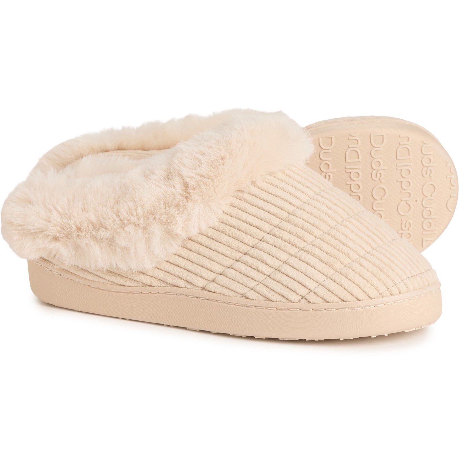 (取寄) カドルダッツ レディース コーデュロイ フェイク-ファー カフス スリッパ Cuddl Duds women Corduroy Faux-Fur Cuffs Slippers (For Women) Whitecap Grey