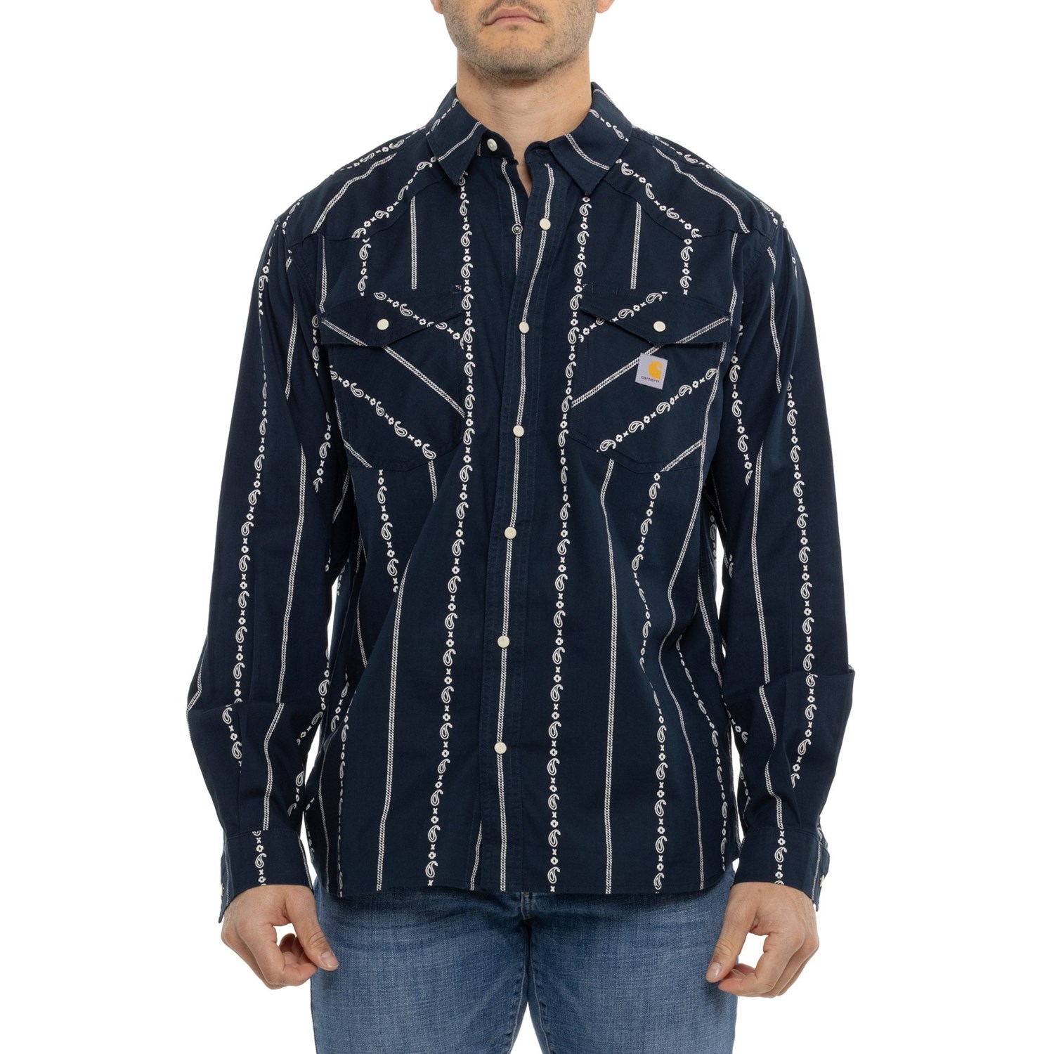 (取寄) カーハート モンタナ ラギッド フレックス ライトウェイト スナップ フロント パターンド シャツ - ロング スリーブ Carhartt 106905 Montana Rugged Flex Lightweight Snap Front Patterned Shirt - Long Sleeve Navy Paisley Stripe