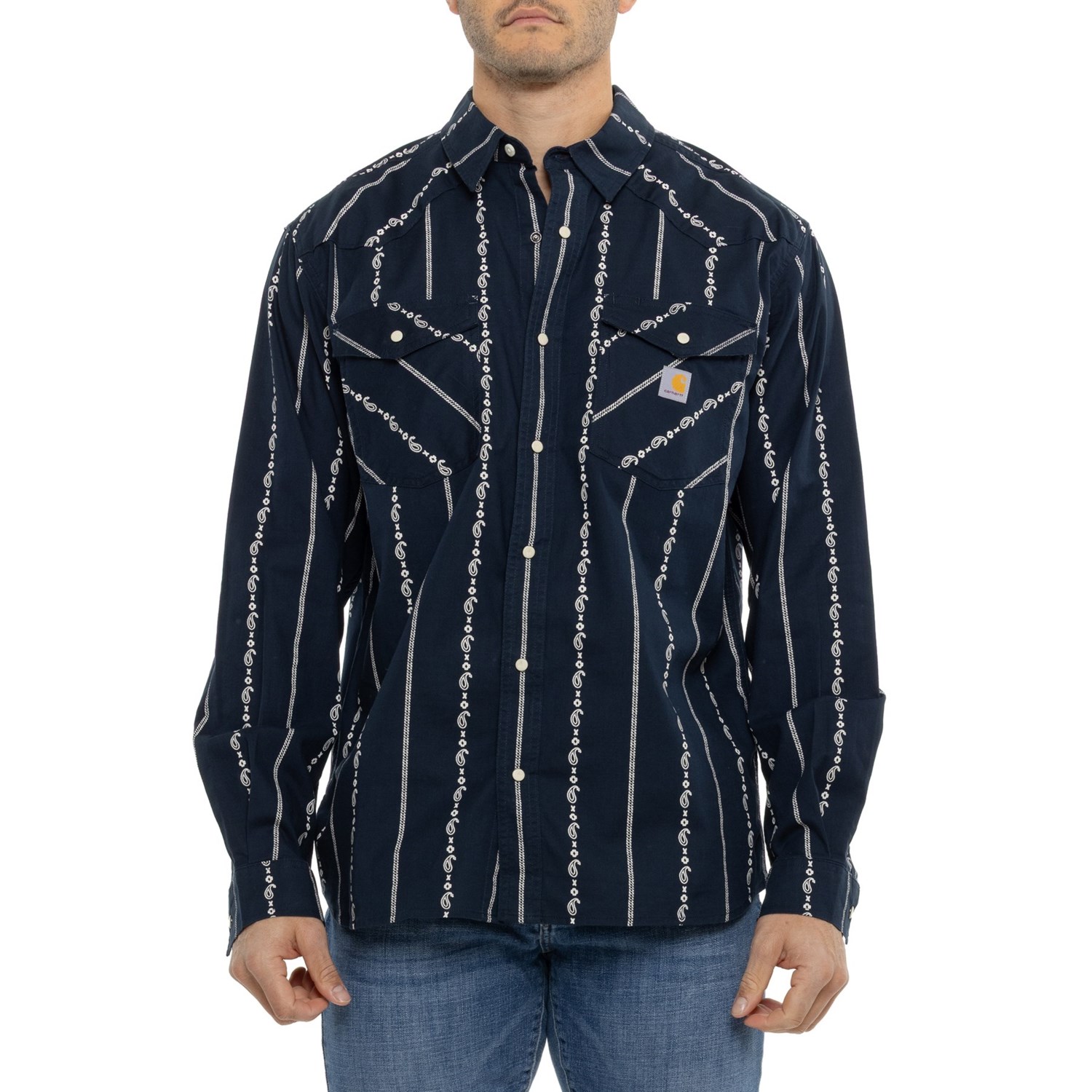 (取寄) カーハート ビッグ アンド トール モンタナ ラギッド フレックス ライトウェイト スナップ フロント パターンド シャツ - ロング スリーブ Carhartt 106905 Big and Tall Montana Rugged Flex Lightweight Snap Front Patterned Shirt - Long Sleeve Navy Paisley