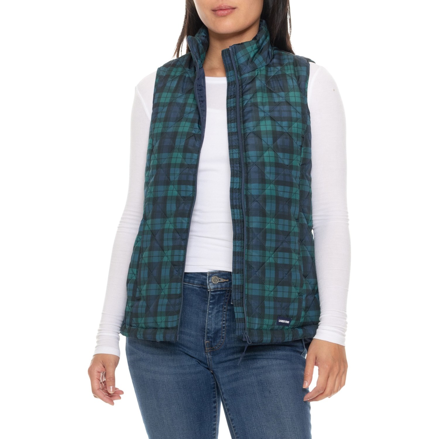 (取寄) ランズエンド レディース エンド エブリデイ ライトウェイト パファー ベスト - インサレーテッド Lands' End women Everyday Lightweight Puffer Vest - Insulated Green Multi Tartan Print