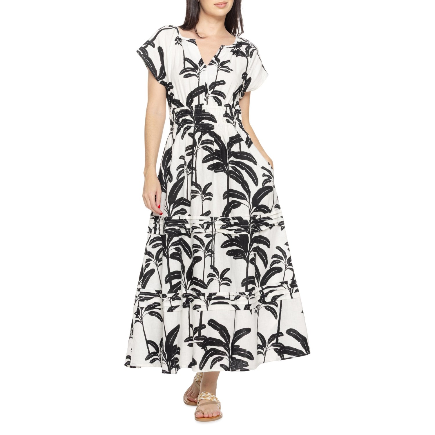 (取寄) タハリ レディース タハリ ラグラン エラスティック ウェスト ミディ ドレス - ショート スリーブ Tahari women Raglan Elastic Waist Midi Dress - Short Sleeve Palm Tree Stamp - 01 Black