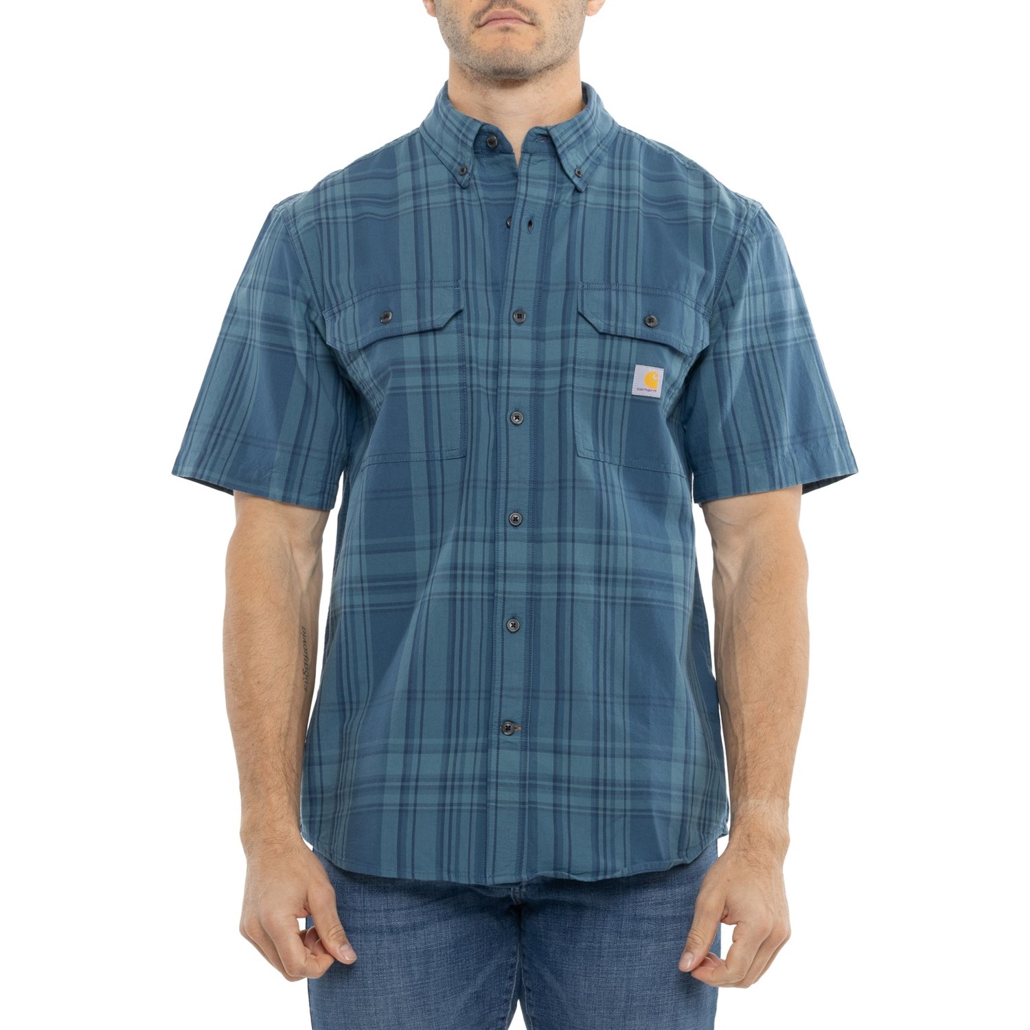 (取寄) カーハート メンズ カーハート ルーズ フィット ミッドウエイト プレイド シャツ - ショート スリーブ Carhartt men 106746 Loose Fit Midweight Plaid Shirt - Short Sleeve Storm Blue