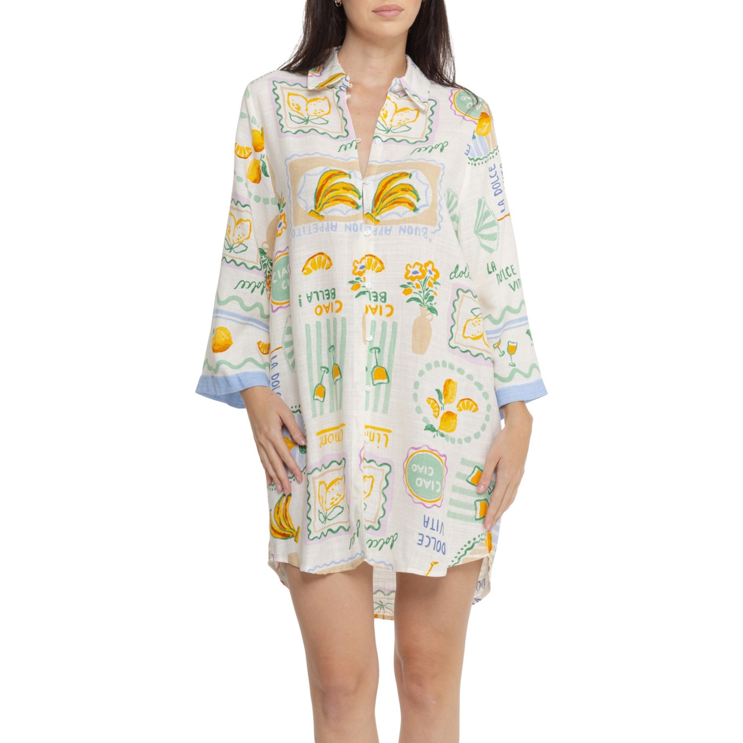 (取寄) レディース ラベル オブ ラブ ボーダー カバー-アップ シャツ ドレス - ロング スリーブ Label of Love women Limone Border Cover-Up Shirt Dress - Long Sleeve Multi