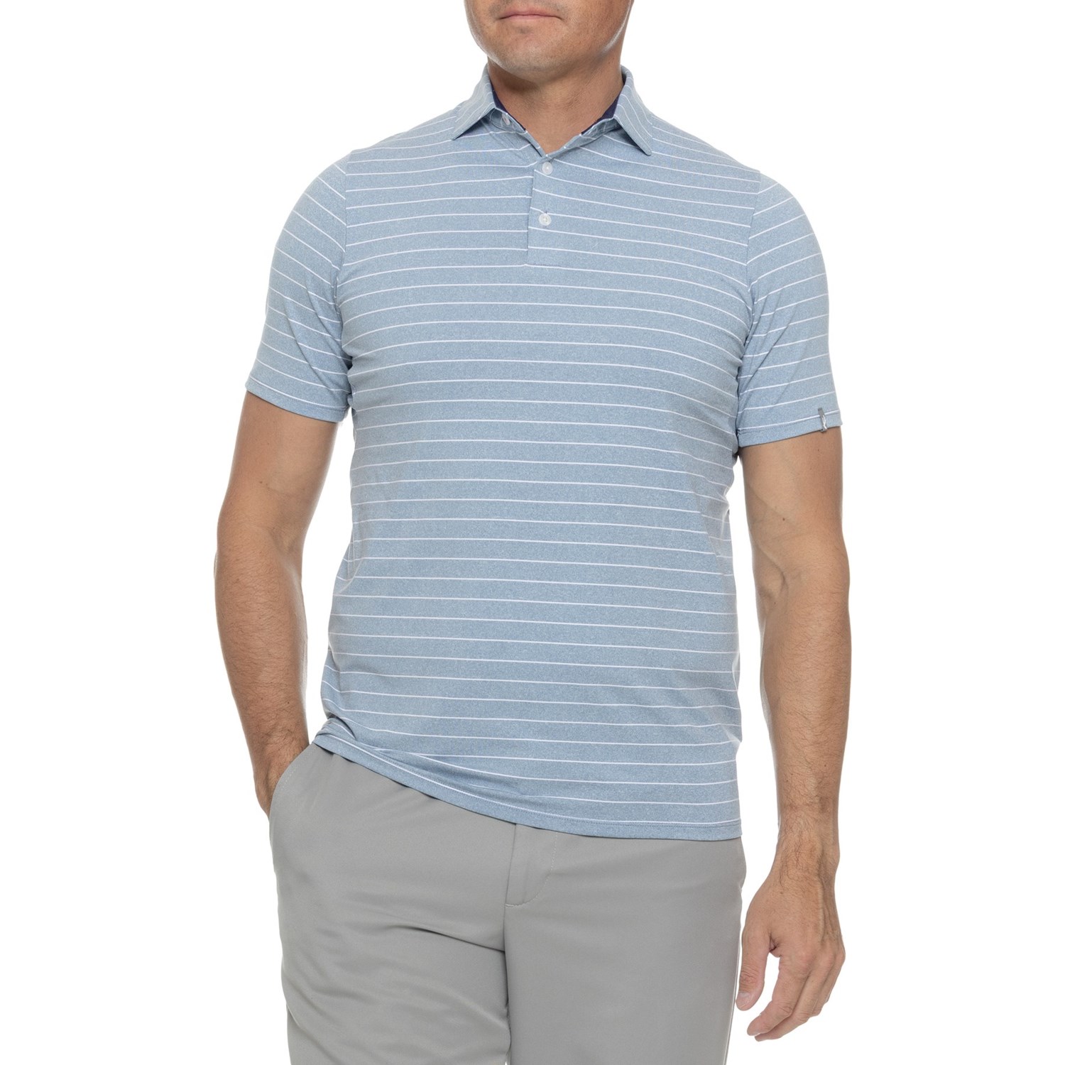 (取寄) チュース メンズ ソーレン メランジュ ストライプ ポロ シャツ - ショート スリーブ KJUS men Soren Melange Stripe Polo Shirt - Short Sleeve Santorini_White
