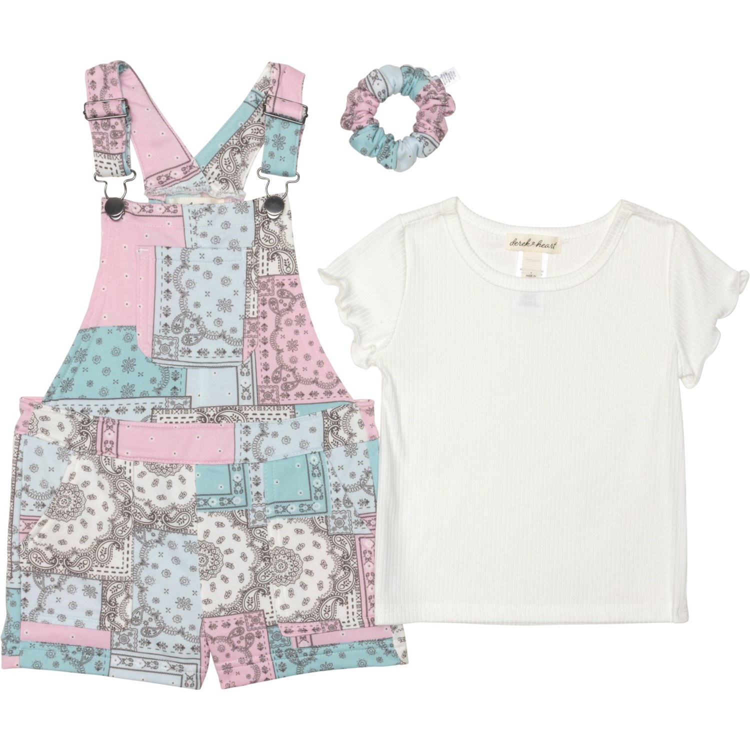 (取寄) デレクハート キッズ デレク ハート リトル ガールズ フローラル ロンパー T-シャツ アンド スクランチー セット - 3-ピース, ショート スリーブ DEREK HEART kids Little Girls Floral Romper, T-Shirt and Scrunchie Set - 3-Piece, Short Sleeve Ivory_Mint
