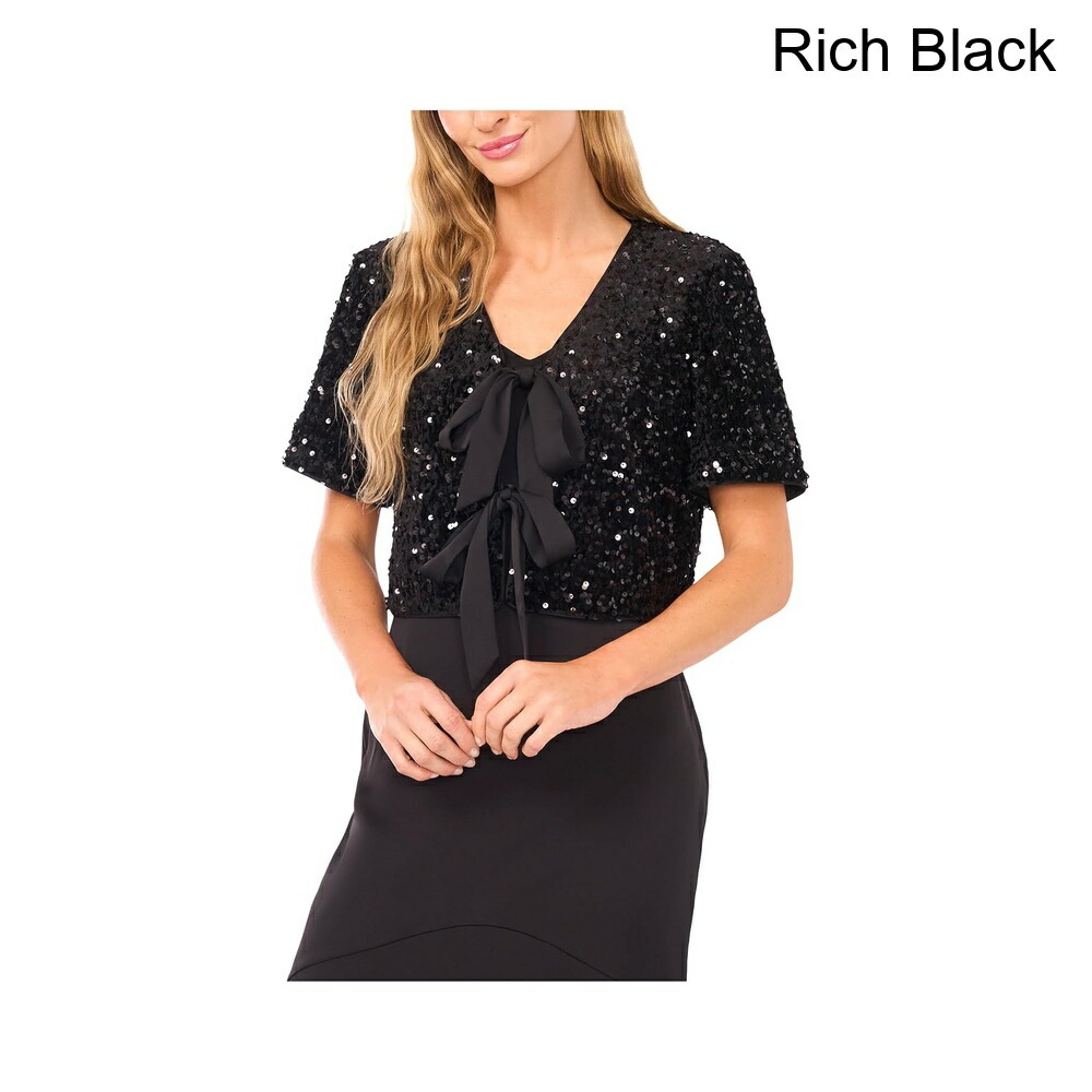 (取寄) セセ ベルベットスパンコールショートスリーブボウフロントトップ cece Velvet Sequin Short Sleeve Bow Front Top｜ジェットラグ店