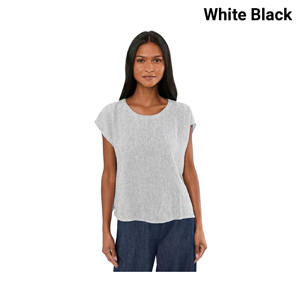 (取寄) イーリー・フィッシャー パッカードオーガニックリネンストライプジュエルネックトップ eileen fisher Puckered Organic Linen Stripe Jewel Neck Top|ジェットラグ店
