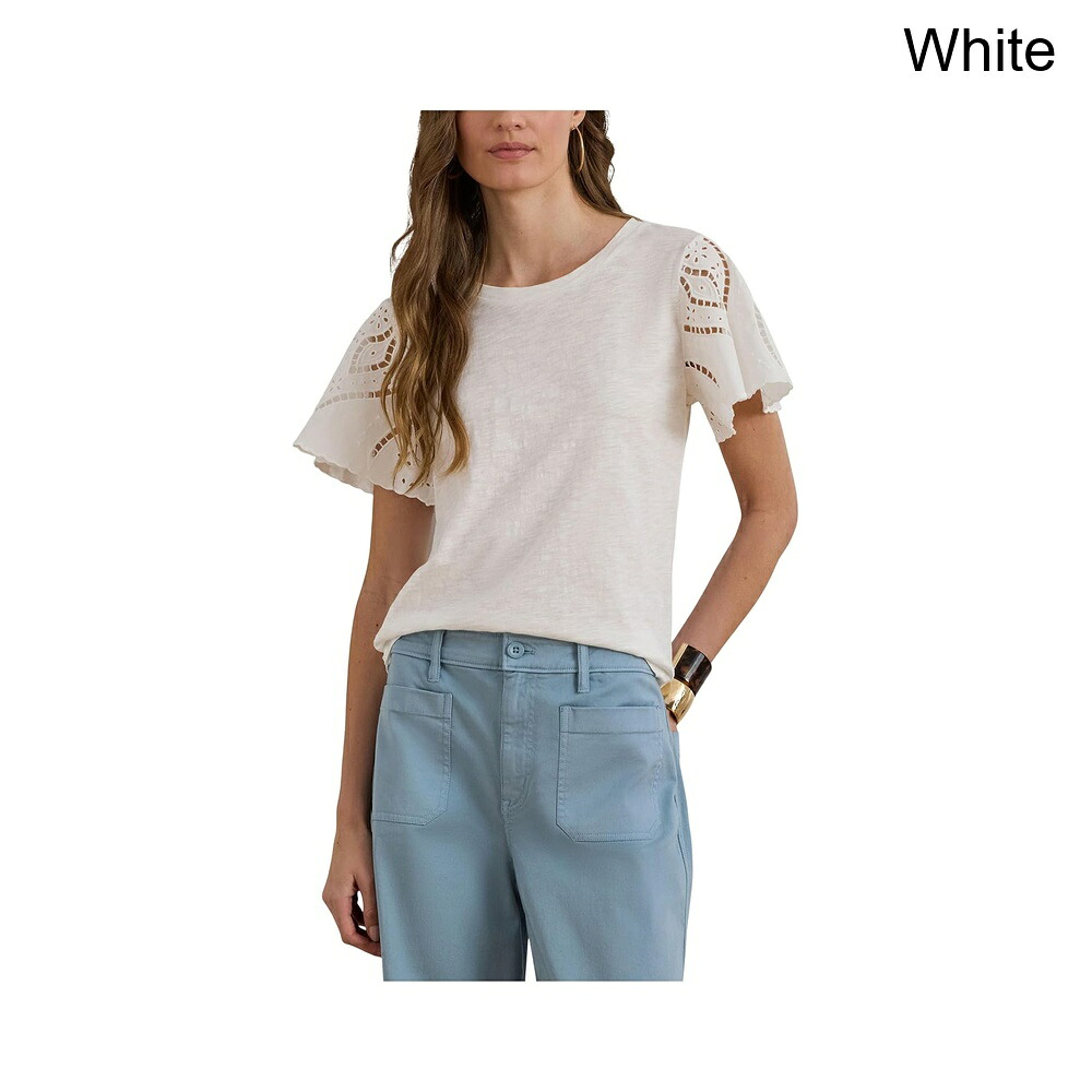 (取寄) ラルフ・ローレン アイレットコットンジャージー＆ブロードクロストップ lauren ralph lauren Eyelet Cotton Jersey & Broadcloth Top｜ジェットラグ店