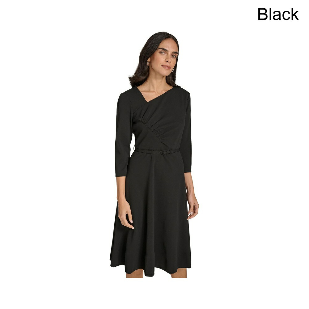 (取寄) カルバン・クライン スキューバクレープアシンルーシュネックミディウィズベルト calvin klein Scuba Crepe Asym Rouched Neck Midi With Belt｜ジェットラグ店