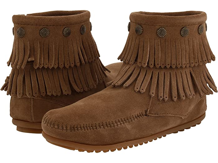 取寄 ミネトンカ レディース ダブル フリンジ スタンス ジップ ブーツ Minnetonka Women S Double Fringe Side Zip Boot Taupe Suede Glaeschig De