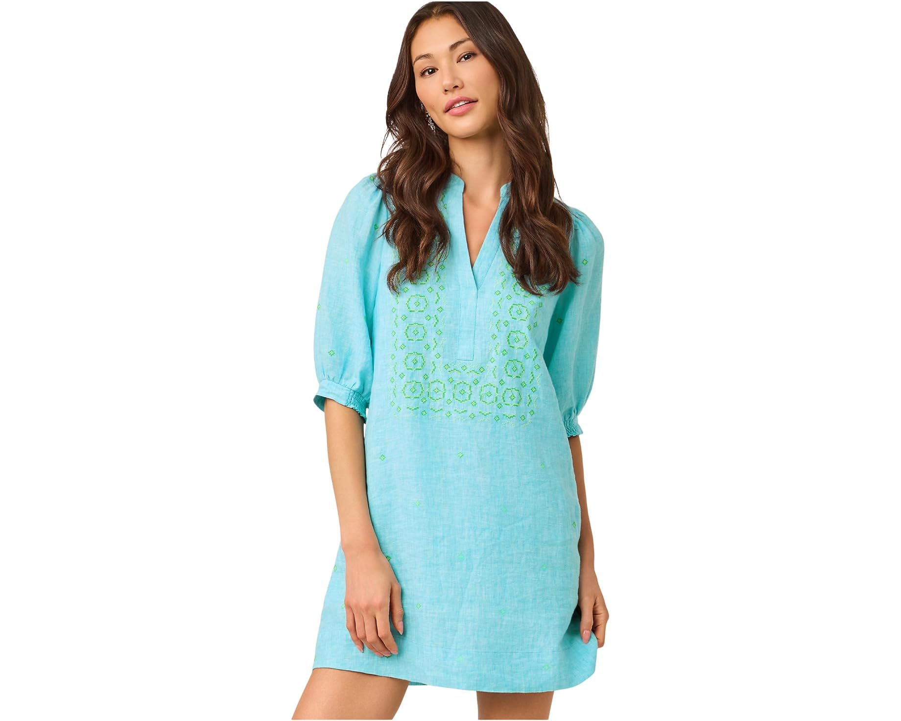 (取寄) リリー ピュリッツァー レディース ミアリー エルボー スリーブ リネン Lilly Pulitzer women Mialeigh Elbow Sleeve Linen Capri Blue X Resort White｜ジェットラグ店