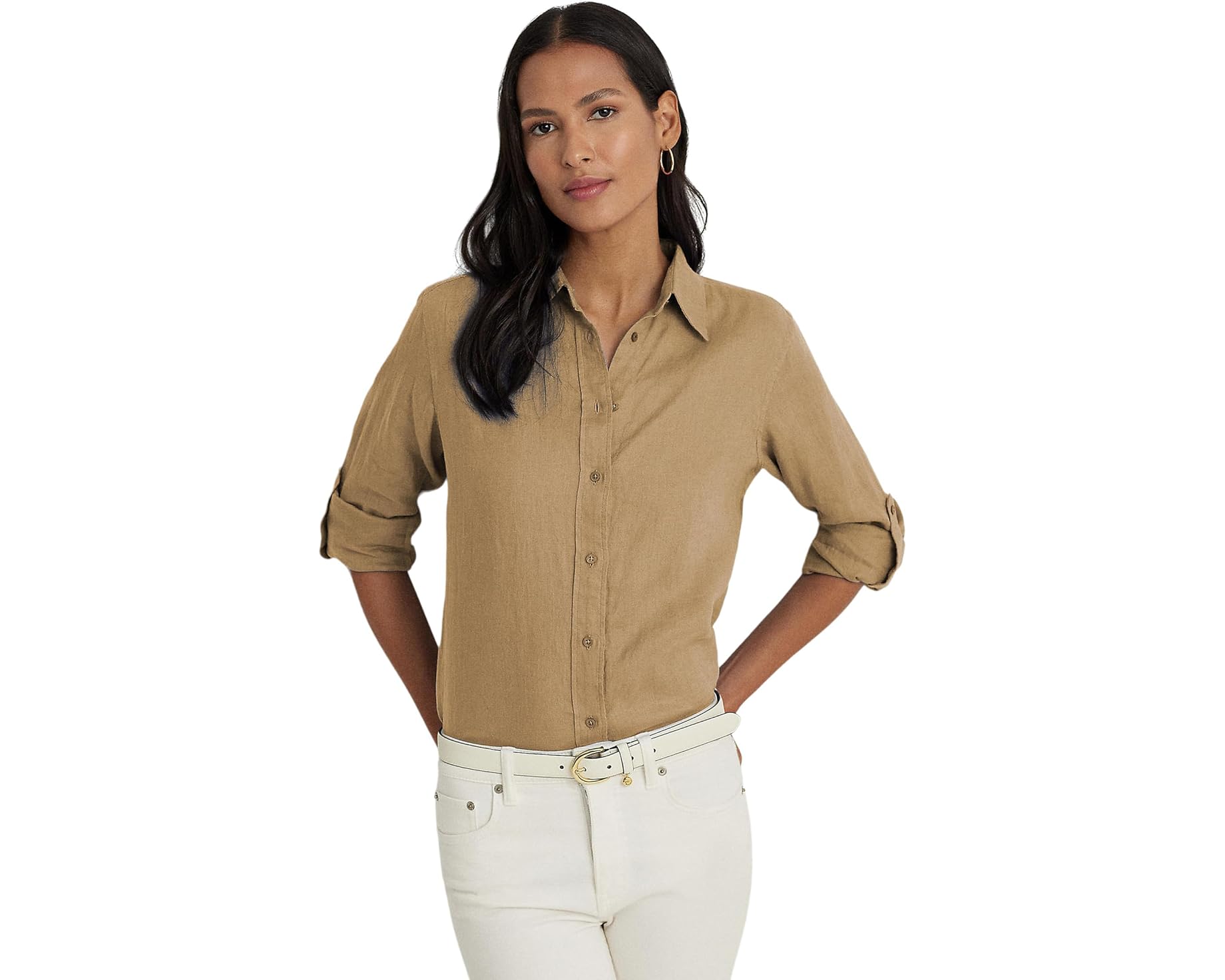 (取寄) ローレン ラルフローレン レディース リネン シャツ Lauren Ralph Lauren women Linen Shirt Birch Tan｜ジェットラグ店