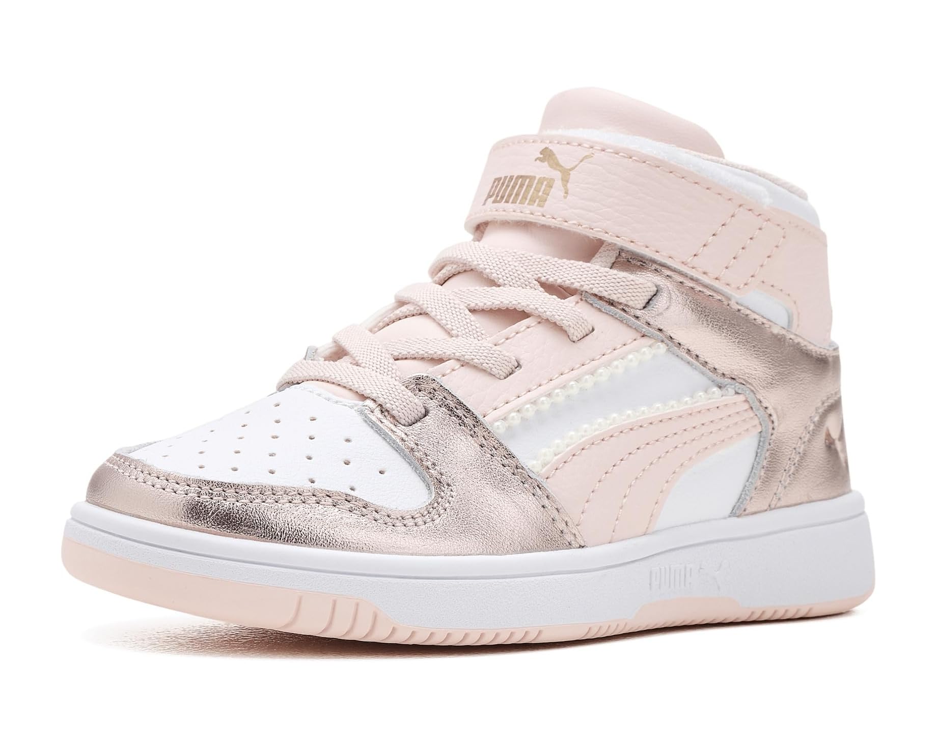 (取寄) プーマ リバウンド レイアップ ミッド フック アンド ループ (リトル キッド) PUMA Rebound Layup Mid Hook And Loop (Little Kid) White/Jasmine Flower/Gold|ジェットラグ店