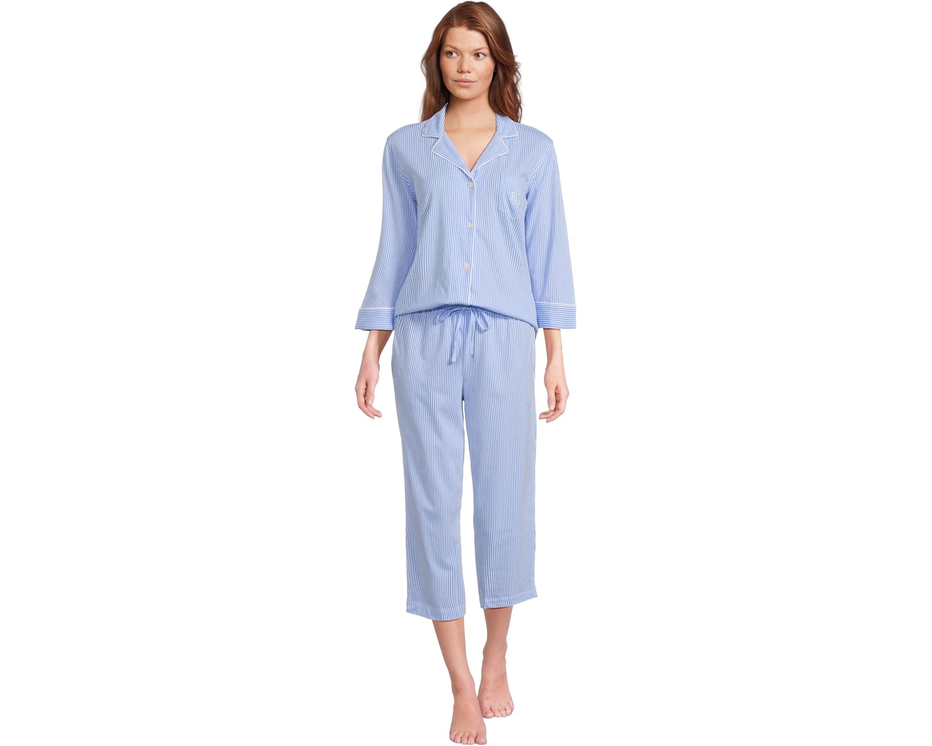 (取寄) ローレン ラルフローレン レディース エッセンシャル ビンガム ニット カプリ Pj セット Lauren Ralph Lauren women Essentials Bingham Knits Capri PJ Set French Blue Stripe|ジェットラグ店