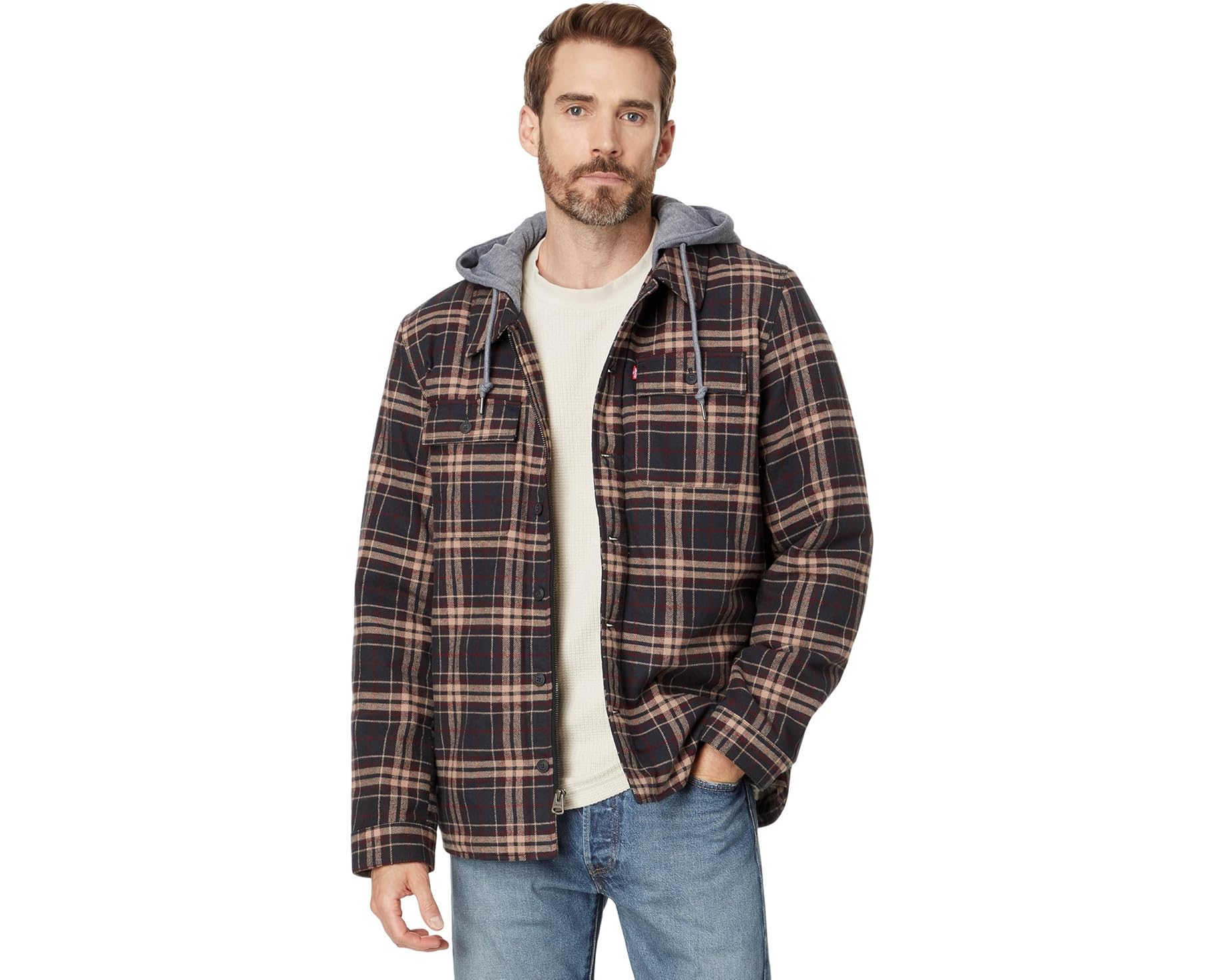 (取寄) メンズ ウォッシュド コットン シャツ ジャケット ウィズ ア ジャージ フード アンド シェルパ ライニング Levi's men Washed Cotton Shirt Jacket with A Jersey Hood and Sherpa Lining Brown Plaid｜ジェットラグ店 37,291円